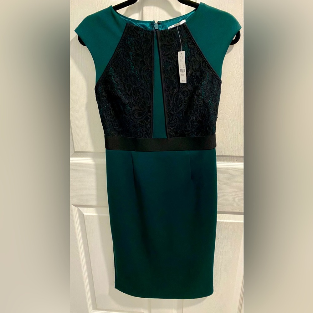 New York & Co. Stunning Midi Sheath Dress Emerald Green w/Black Lace Size MP